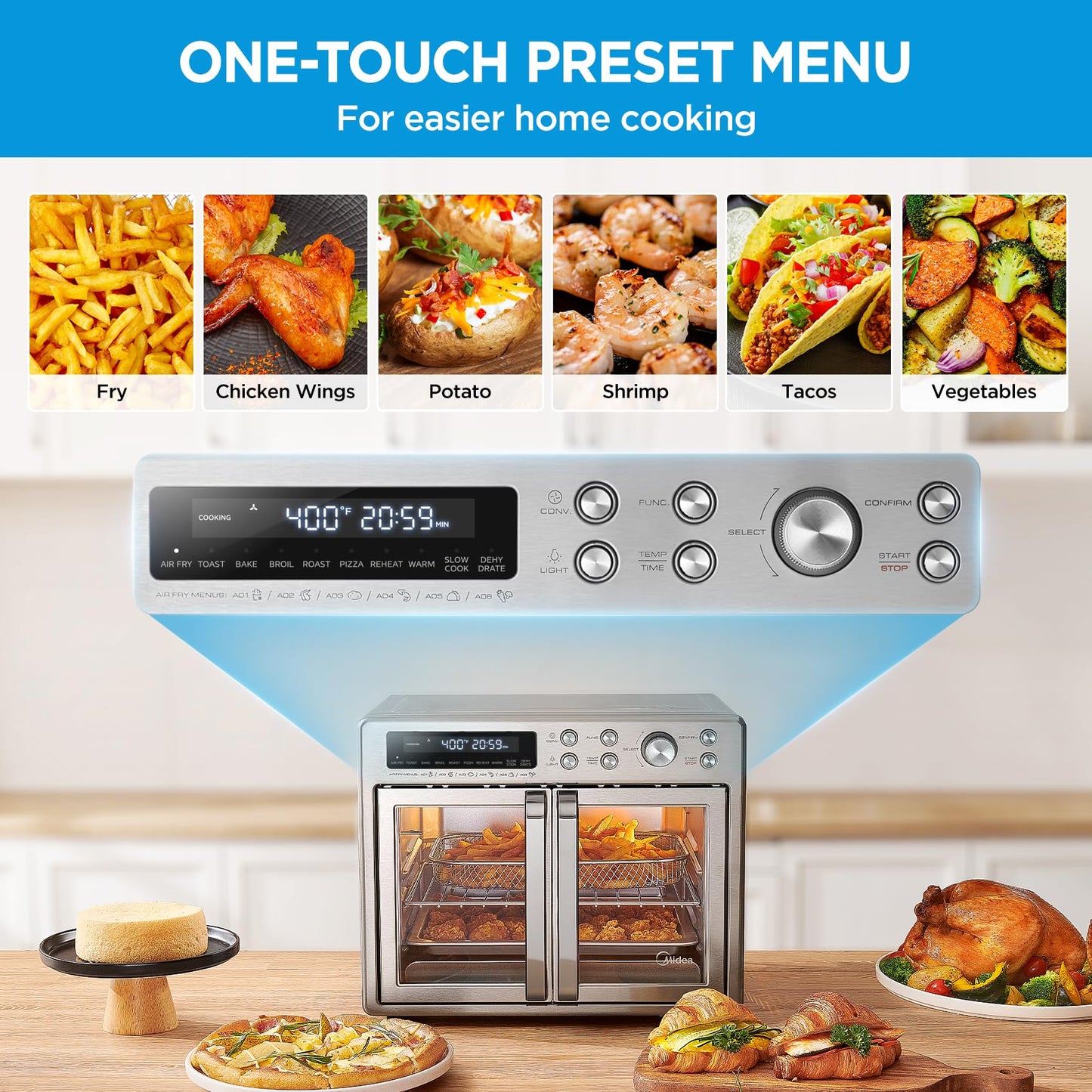 Midea Flexify French Door Toaster Oven Air Fryer Combo, 26.4 QT, Extra Large Air Fryer Countertop Oven 10-in-1 Combo, 25% Faster Cooking and 90% Less Oil, Stainless Steel