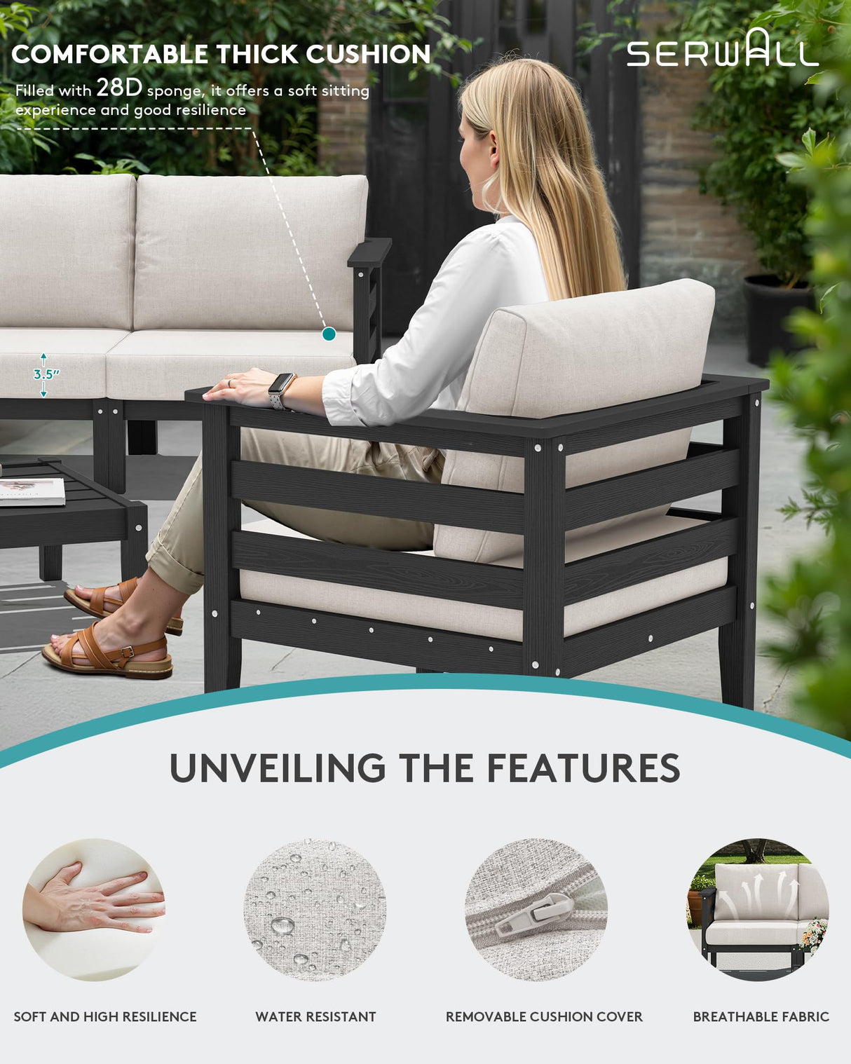 SERWALL HDPE Outdoor Furniture Set, 4 Pieces Patio Sectional Sofa Set, All-Weather Wood-Like Outdoor Sofa with Coffee Table for Deck, Garden, Black Frame with Khaki Cushion SERWALL