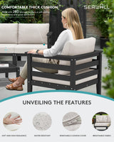 SERWALL HDPE Outdoor Furniture Set, 4 Pieces Patio Sectional Sofa Set, All-Weather Wood-Like Outdoor Sofa with Coffee Table for Deck, Garden, Black Frame with Khaki Cushion SERWALL