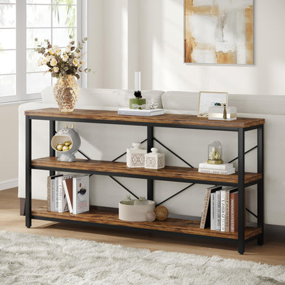 Tribesigns 55-Inch Industrial Sofa Table, 3-Tier Console Table with Metal Frame and Open Shelves, Modern Decorative Shelf, Open TV Shelf for Living Room, Entryway, Hallyway (Brown and Black) - WoodArtSupply