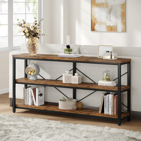 Tribesigns 55-Inch Industrial Sofa Table, 3-Tier Console Table with Metal Frame and Open Shelves, Modern Decorative Shelf, Open TV Shelf for Living Room, Entryway, Hallyway (Brown and Black) Tribesigns