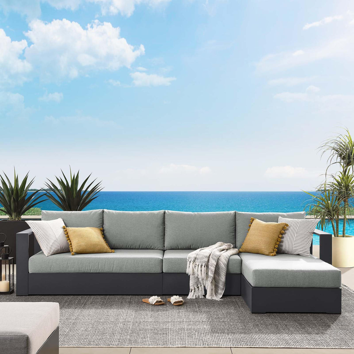 Modway Tahoe Modular Aluminum 3-Piece Outdoor Patio Furniture Gray, Right-Facing Sectional Sofa Set with Weather-Resistant Cushions, Ideal for Deck, Backyard, Poolside Modway