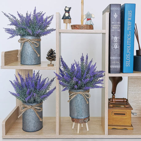 Set of 3 Small Potted Plants Arrangement Artificial Lavender Flower Plants in Rustic Galvanized Metal Pots with Decorative Wood Tray for Farmhouse Table Centerpiece Windowsill Country Indoor Decor Winlyn
