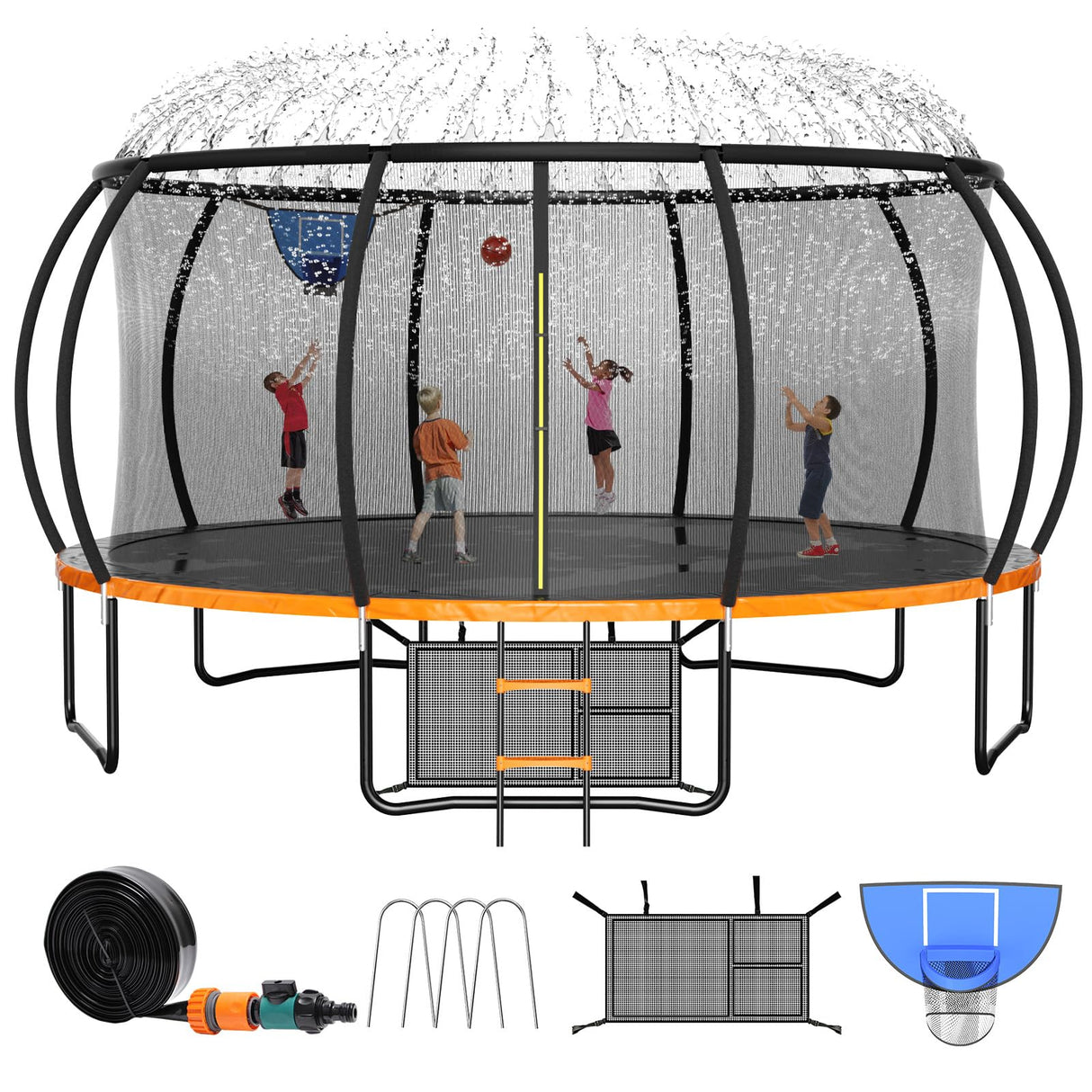 Zevemomo 16FT Trampoline for Kids and Adults, Outdoor Trampoline w/Basketball Hoop, Sprinkler, Ground Stakes/Anchors, Storage Bag, Galvanized Anti-Rust Coating, Gift for Kids and Adults Zevemomo