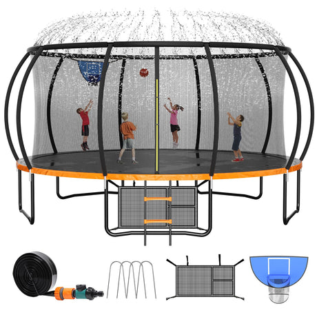 Zevemomo 16FT Trampoline for Kids and Adults, Outdoor Trampoline w/Basketball Hoop, Sprinkler, Ground Stakes/Anchors, Storage Bag, Galvanized Anti-Rust Coating, Gift for Kids and Adults Zevemomo