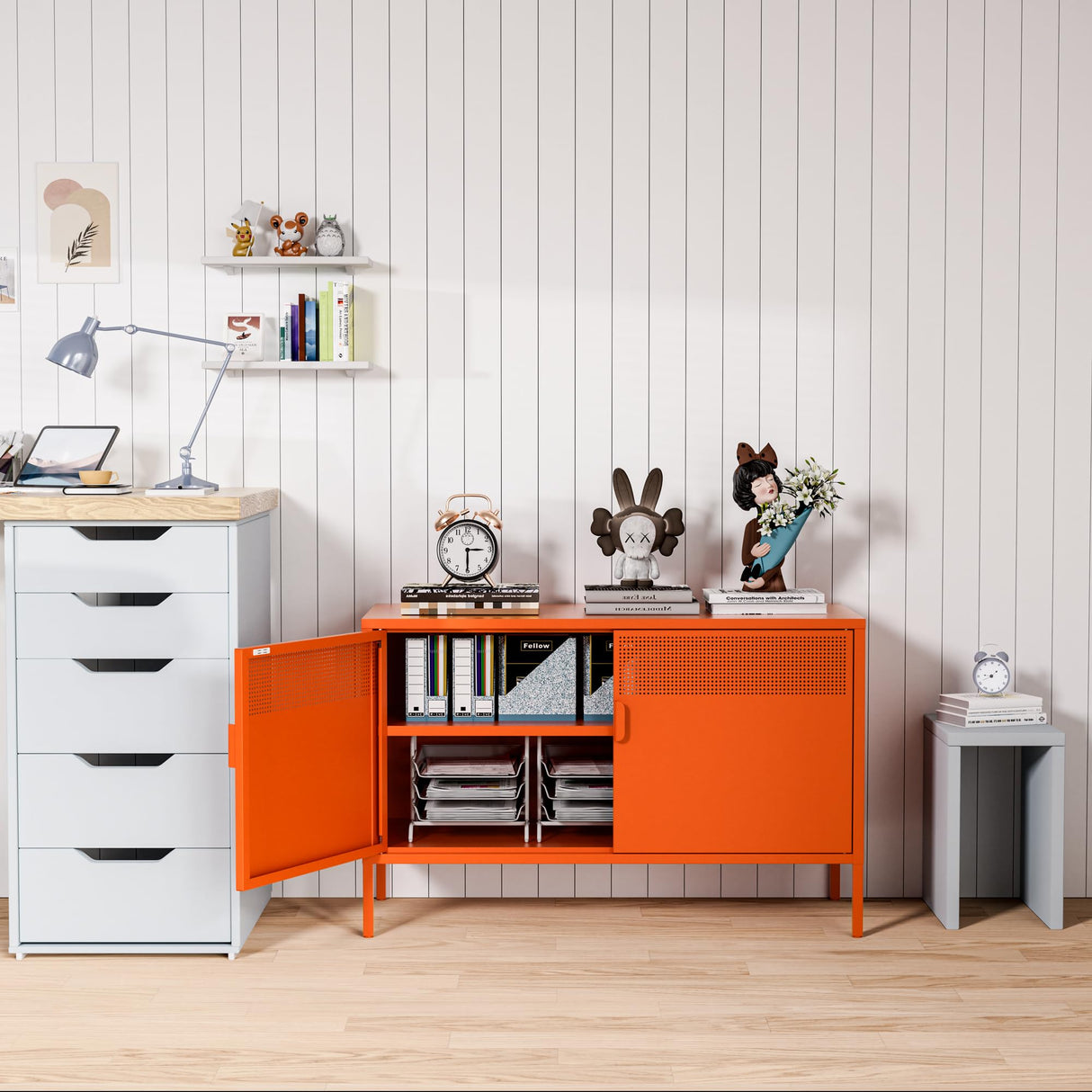 Washsemba 2 Door Metal Accent Cabinet,Orange Metal Storage Cabinet with Adjustable Shelf,2-Tier Office Cabinet,Multipurpose Metal Locker Storage Cabinet for Office Home,Music Studio (Orange) Washsemba