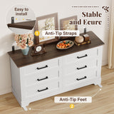 Furmax Farmhouse Dresser for Bedroom, 6 Drawers Dresser, Wood Chest of Drawers, 52" Wide Storage Dressers Organizer for Bedroom, Living Room, White and Brown Furmax