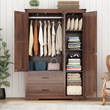 Hlivelood 3 Doors Wardrobe Armoire Closet with Doors and Drawers, Farmhouse Wooden Armoire Storage Cabinet with Shelves & Hanging Rod for Bedroom, Brown Hlivelood