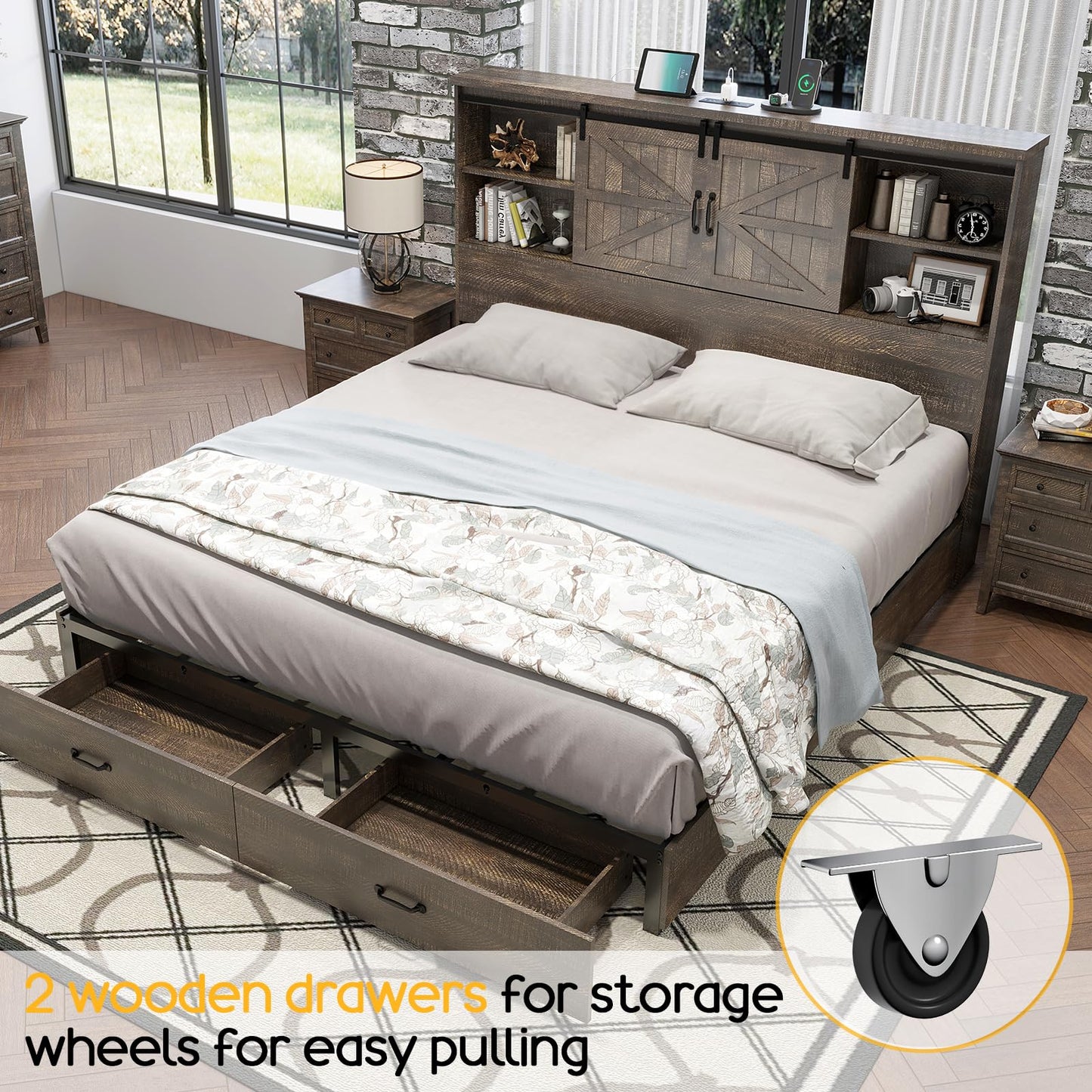 Rustic HOWE Full Size Wood Platform Bed with Bookcase Headboard and Storage Drawers - WoodArtSupply