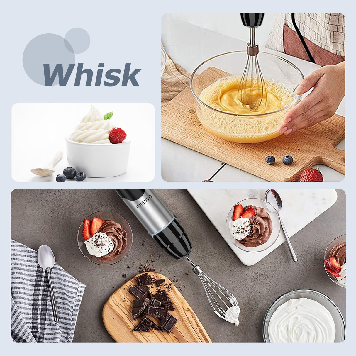 FRESKO Immersion Blender Handheld, 4-in-1 Stainless Steel Hand Stick Blender Electric with 12-Speeds & Turbo Mode, Powerful 500W Emulsion Blender with Beaker, Chopper & Whisk for Smoothies, Soup FRESKO