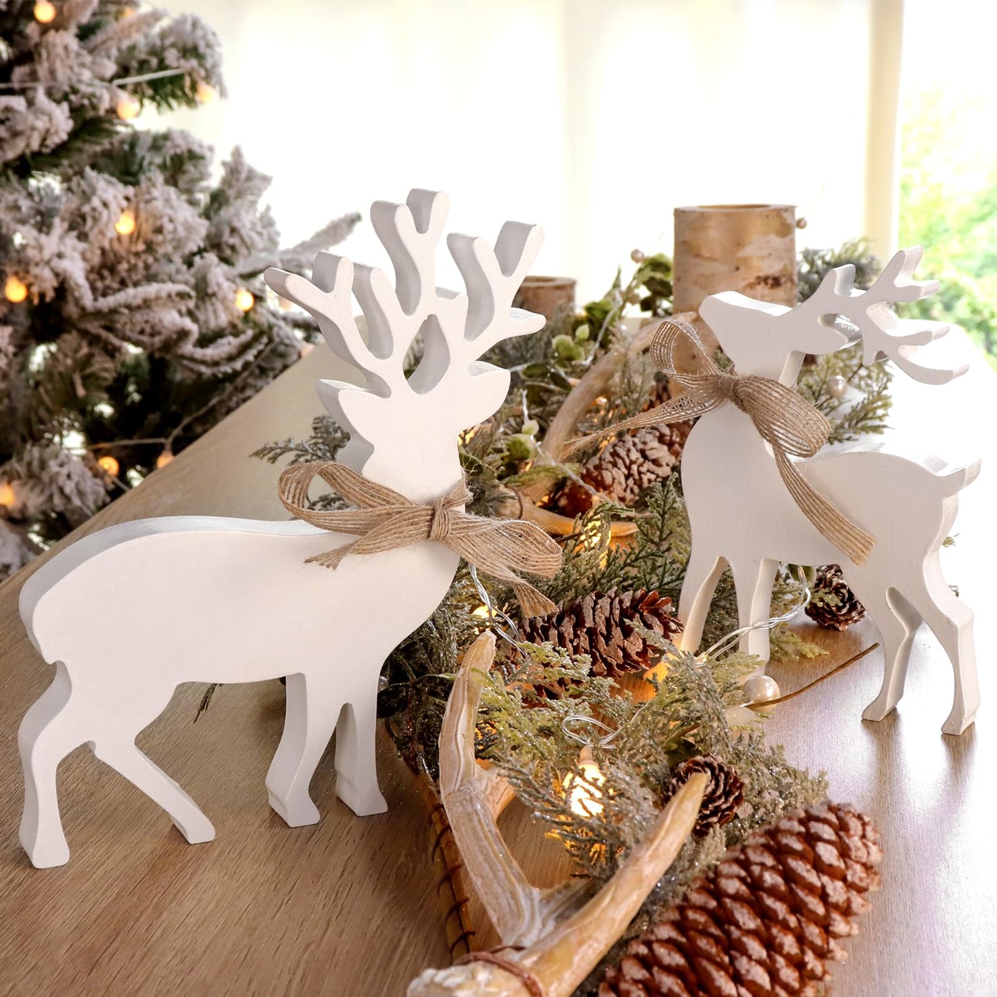 Treory 2Pcs Reindeer Christmas Decorations Indoor, Rustic Wooden Christmas Reindeer Figurine, Home Decor for Home Shelf Cabinet Table, Home Display, Tabletop