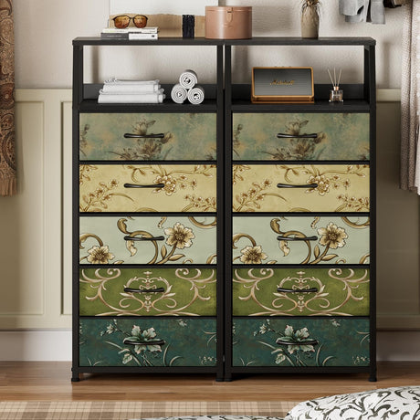 Furnulem Retro 5 Drawers Dresser, Tall Dressers for Bedroom, Closet, Hallway, Nursery, Fabric Storage Tower Organizer, Vertical Nightstand Side Table Furniture, Steel Frame, Wood Top Furnulem