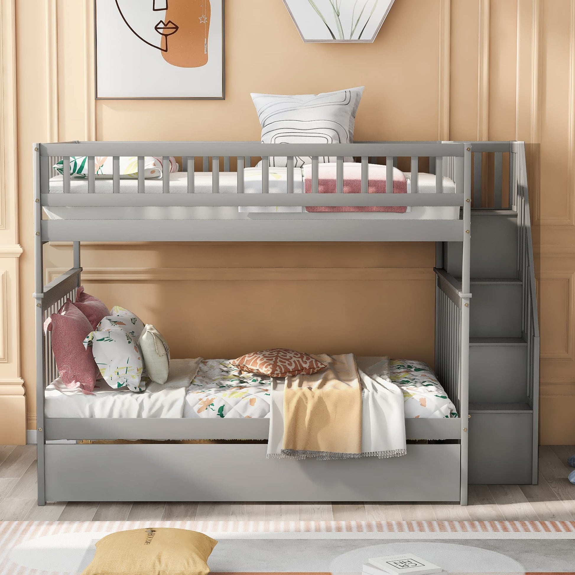 Merax Grey Full-Over-Full Stairway Bunk Bed with Trundle, Convertible into 3 Beds - WoodArtSupply