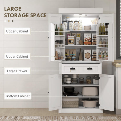 HOMCOM 71" Kitchen Pantry Cabinet with Motion Sensor Light, Tall Storage Cabinet with 6 Door Shelves, a Drawer & 4 Adjustable Shelves, for Living Room, Dining Room, White HOMCOM