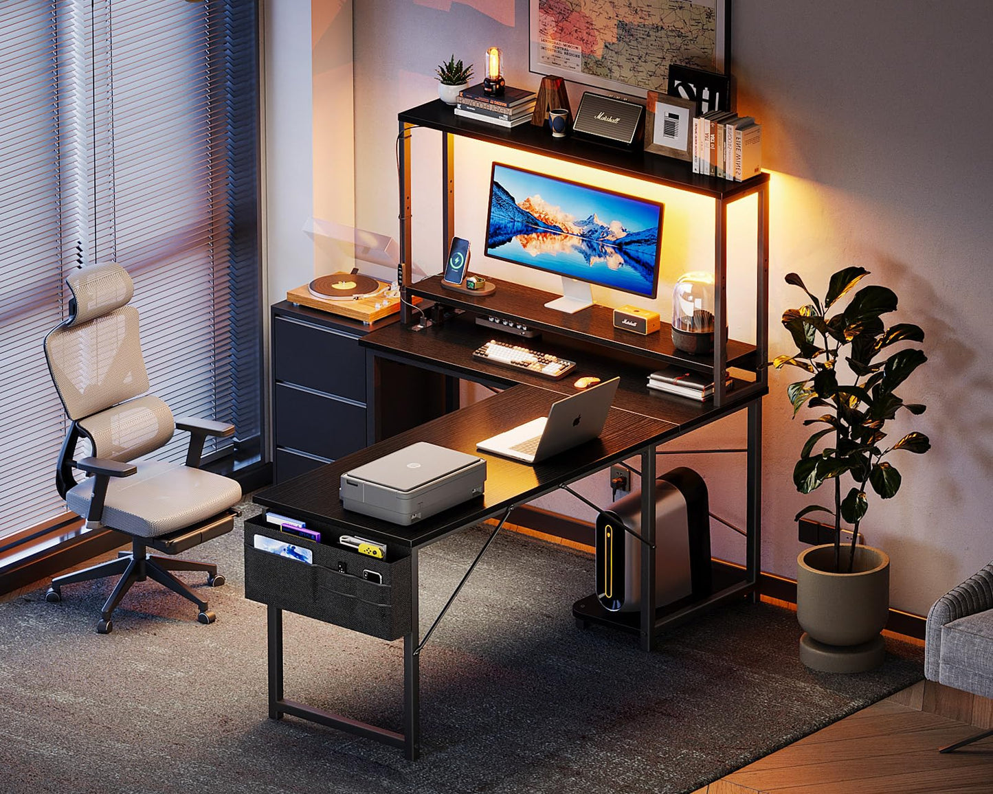 AODK L Shaped Desk Gaming Desk with LED Light & Power Outlet, 53 Inch Reversible L Shaped Computer Desk with Shelf, Corner Desk with Storage Bag&Hook for Home Office Desk, Black - WoodArtSupply