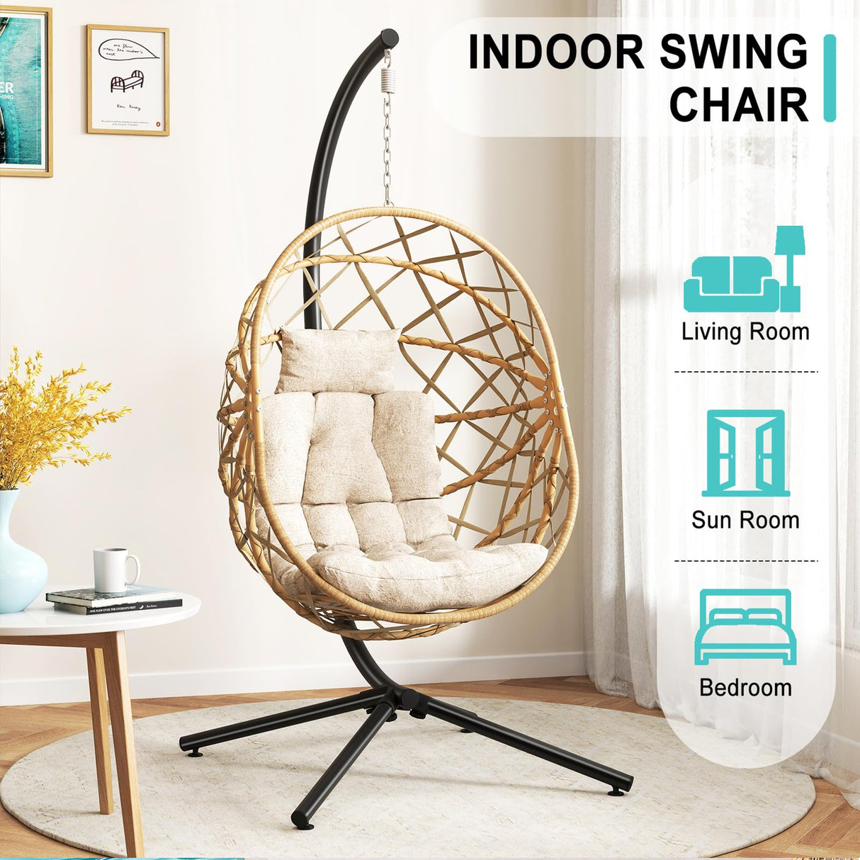 SWITTE Hanging Egg Chair with Stand, Outdoor Egg Swing Chair with Stand, Indoor Wicker Hammock Chair with Cushion for Patio, Garden-Cream SWITTE