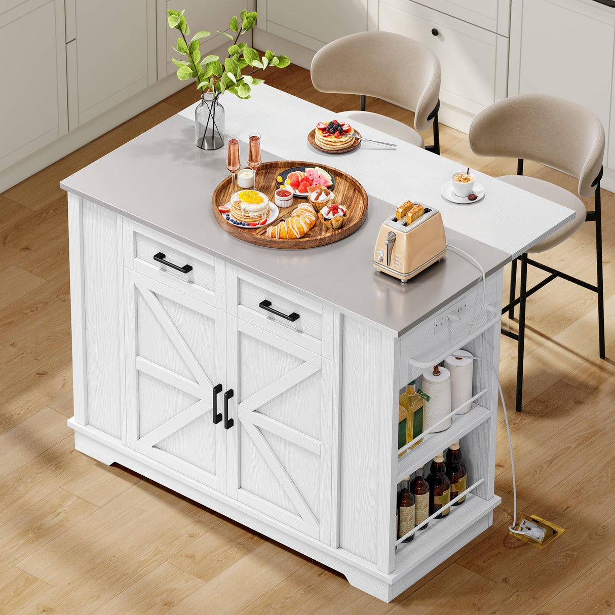 YITAHOME Kitchen Island with Stainless Steel Top & Drop Leaf, 47 Inch Kitchen Island on Wheels with Power Outlet, Rolling Portable Mobile Kitchen Cart w Storage Drawer Cabinet Counter Metal Top, White YITAHOME