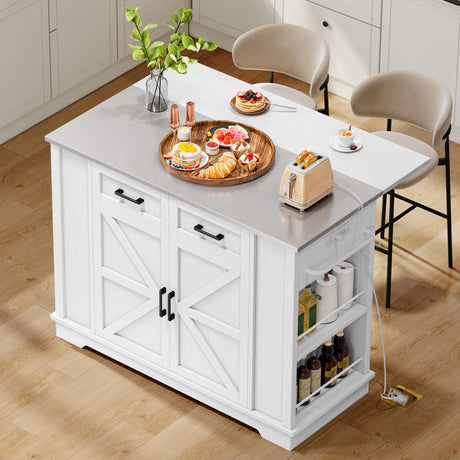 YITAHOME Kitchen Island with Stainless Steel Top & Drop Leaf, 47 Inch Kitchen Island on Wheels with Power Outlet, Rolling Portable Mobile Kitchen Cart w Storage Drawer Cabinet Counter Metal Top, White YITAHOME