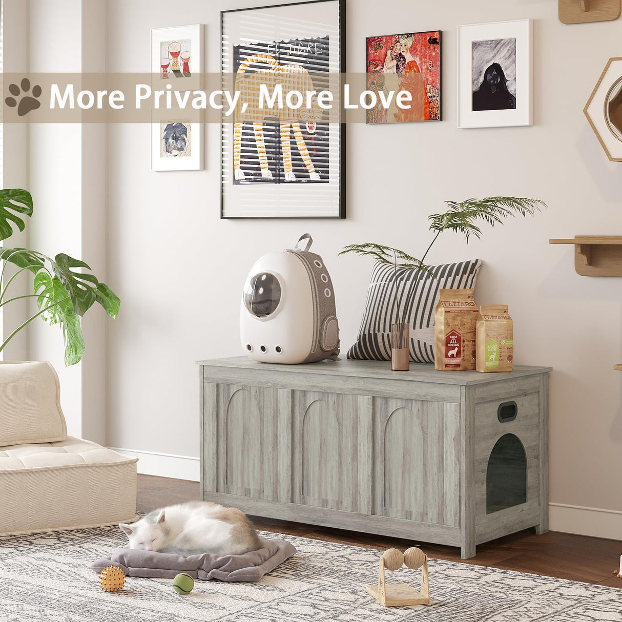 DINZI LVJ Cat Litter Box Enclosure, Flip Top Litter Box Furniture, Farmhouse Hidden Cat Washroom, Wooden Pet House, End Side Table, 39.4" L x 19.7" W x 19.7" H, Sturdy and Easy to Assemble, Gray Wash DINZI LVJ