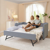 Twin to King Daybed with Trundle, USB Ports Soft Upholstered Daybed with Pop Up Trundle Bed Twin, Modern Extendable Day Bed Frame for Kids Bedroom Living Room Guest Room Small Places Navy Blue Deolme