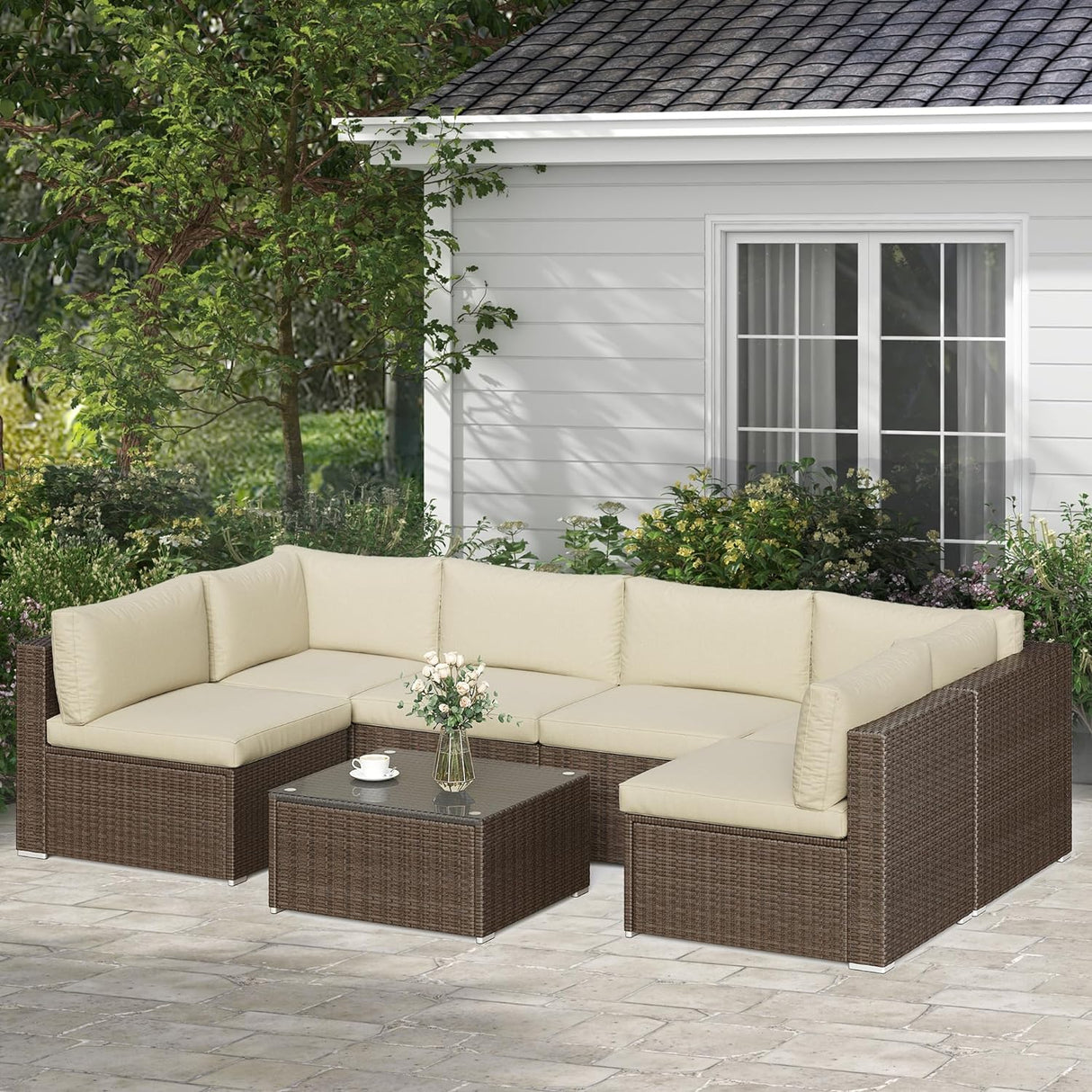 SUNVIVI OUTDOOR 7 Piece Patio Furniture Sets All Weather Gery PE Wicker Couch Sofa with Glass Table, Removable Beige Cushions, Brown Rattan SUNVIVI OUTDOOR