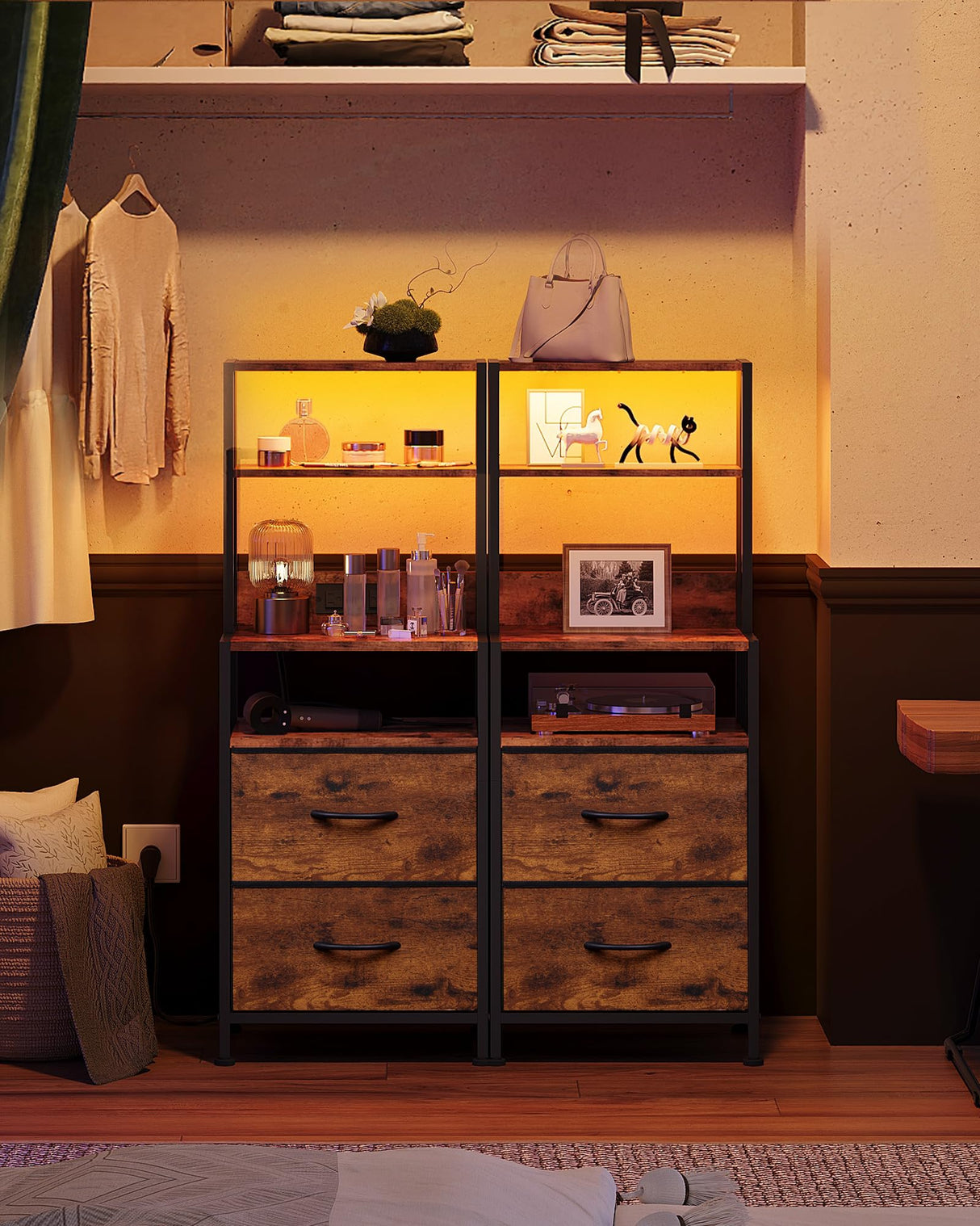 WLIVE Nightstand Set of 2 with Charging Station, LED Night Stand Sets with 2 Drawers and 4 Storage Open Shelves, Fabric Dressers for Bedroom, Rustic Brown WLIVE