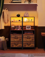 WLIVE Nightstand Set of 2 with Charging Station, LED Night Stand Sets with 2 Drawers and 4 Storage Open Shelves, Fabric Dressers for Bedroom, Rustic Brown WLIVE