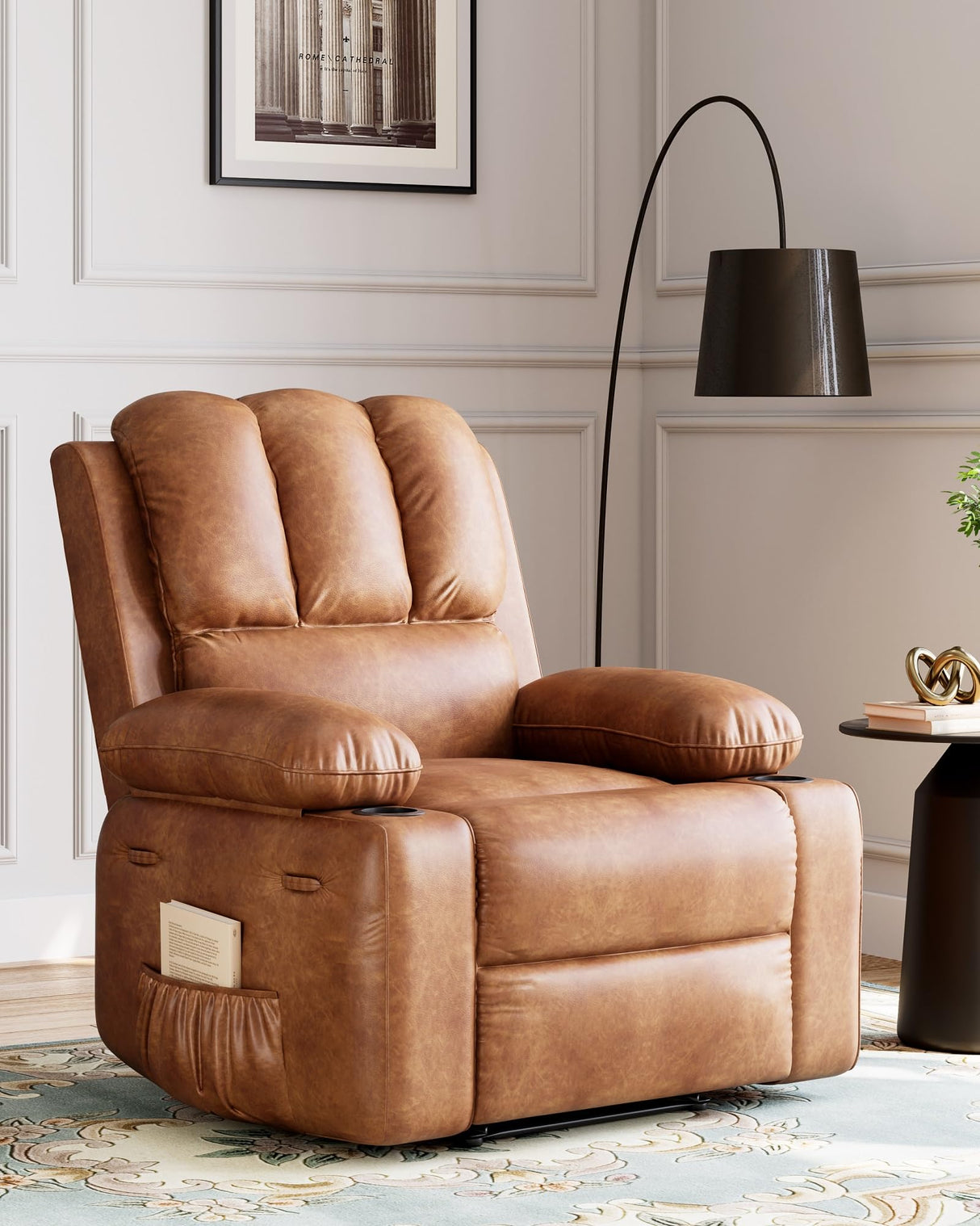 Manual Recliner Chair, Oversized PU Leather Reclining Sofa Chair, Modern Comfy Armchair for Bedroom or Living Room, Leather Recliner Chair for Adults, Stylish Sofa & Relaxing Recliners (Brown) GarveeLife