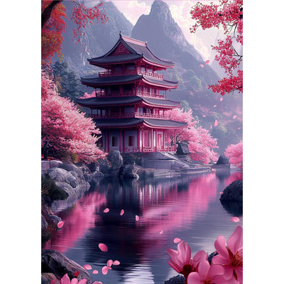 MOGTAA Cherry Blossom Landscape Diamond Art Kits for Adults, 5D Full Drill Diamond Painting Kits for Adults Beginner, DIY Round Diamond Dots for Adults, Gem Art for Home Wall Decor 12 X 16Inch