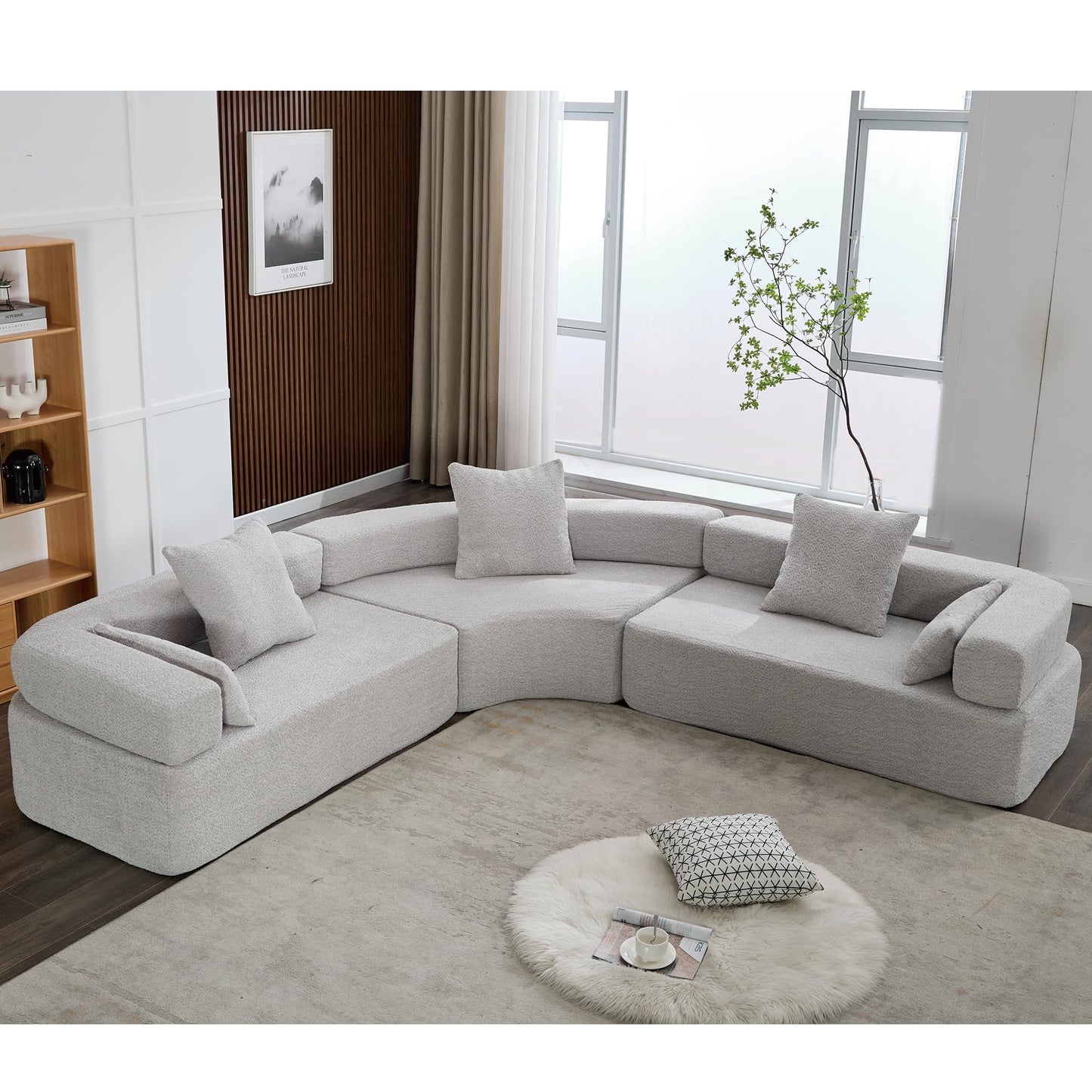 111" Oversized Combination Boucle Curved Sofa, Modern Modular 3 Piece Free Combination, L-Shaped Corner Couch with 5 Pillows, Comfy Upholstered 4 Seater Couch, Semicircular Sectional Sofa (Grey)