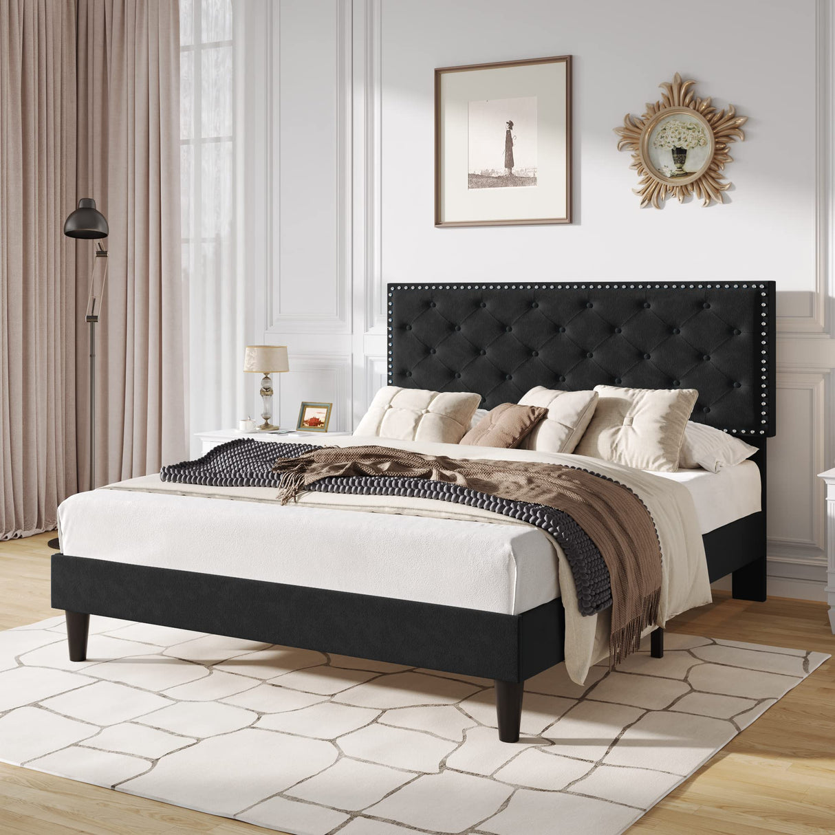 SHA CERLIN Queen Size Velvet Bed Frame with Adjustable Headboard, Diamond Button Tufted and Rivet Decor, No Box Spring Needed, Black SHA CERLIN