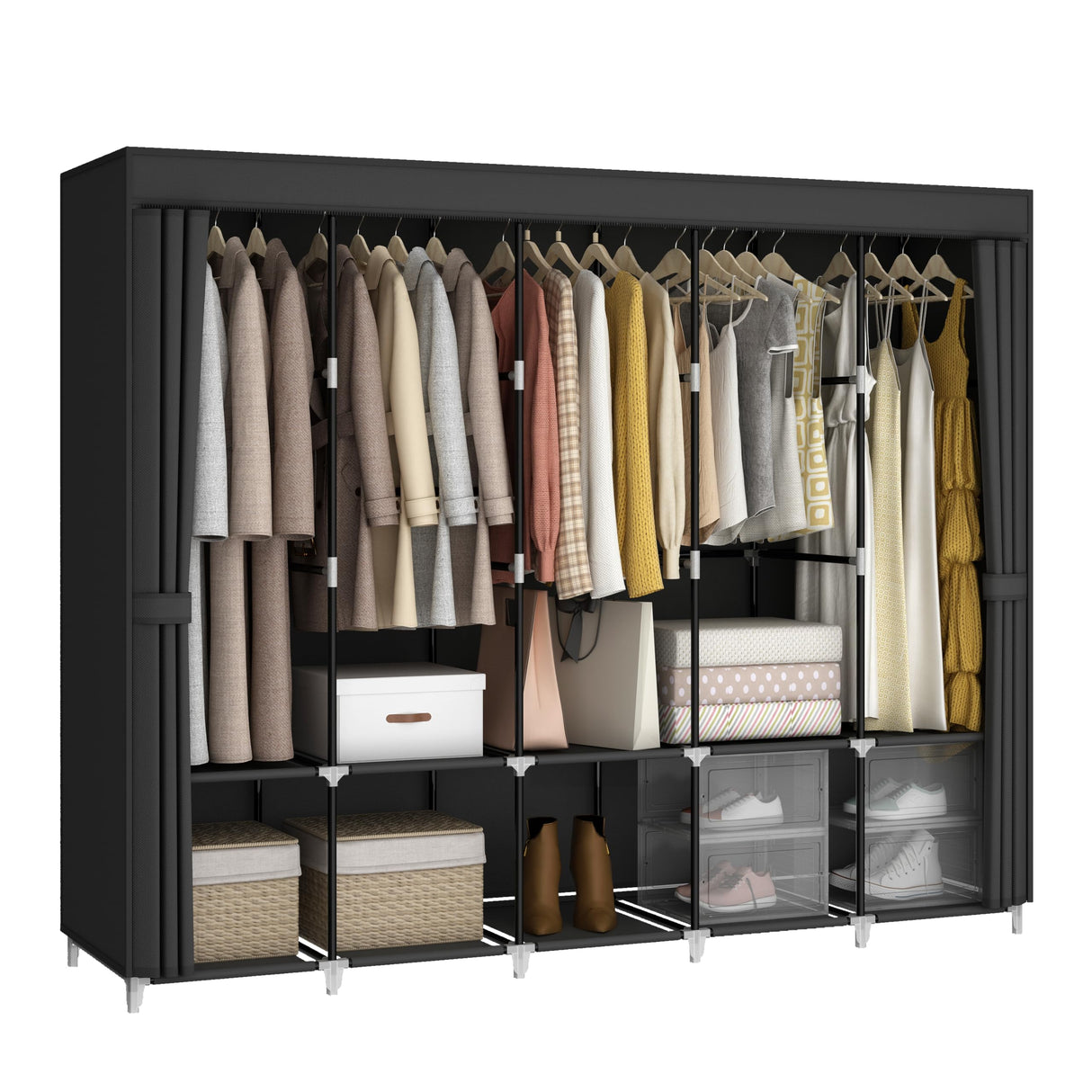 MOGELAFOO 83 Inch Wide Portable Closet Wardrobe, Clothes Storage Rack Organizer with Cover, 5 Clothes Hanging Rods and 10 Storage Shelves, Black MOGELAFOO