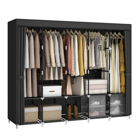 MOGELAFOO 83 Inch Wide Portable Closet Wardrobe, Clothes Storage Rack Organizer with Cover, 5 Clothes Hanging Rods and 10 Storage Shelves, Black MOGELAFOO