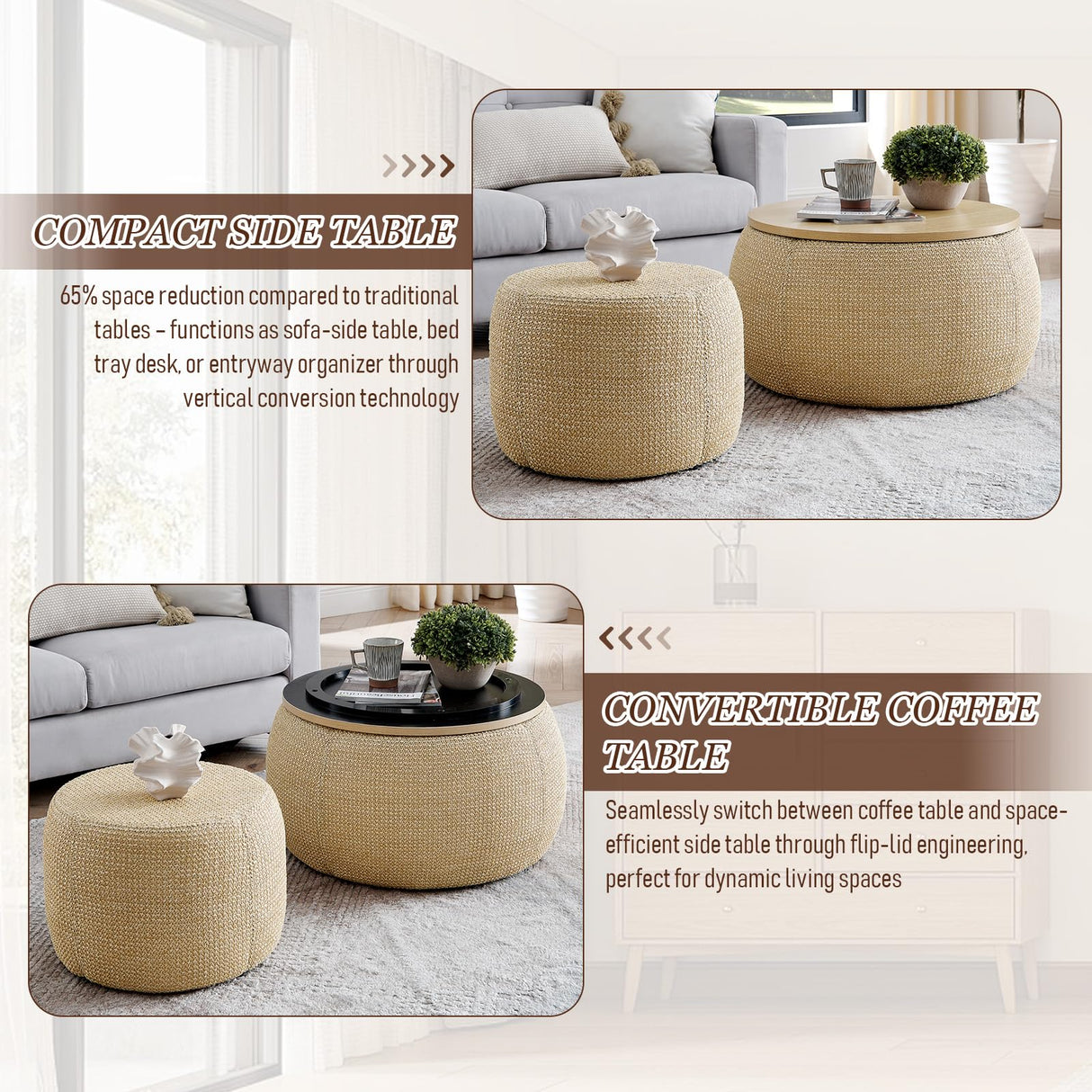 Round Ottoman with Storage Set of 2, 25" Large Upholstered Storage Ottoman Set Coffee Table with Removable Wood Tray, Modern Circle Foot Stool Padded Bench Ottomans for Living Room (Natural) TTK