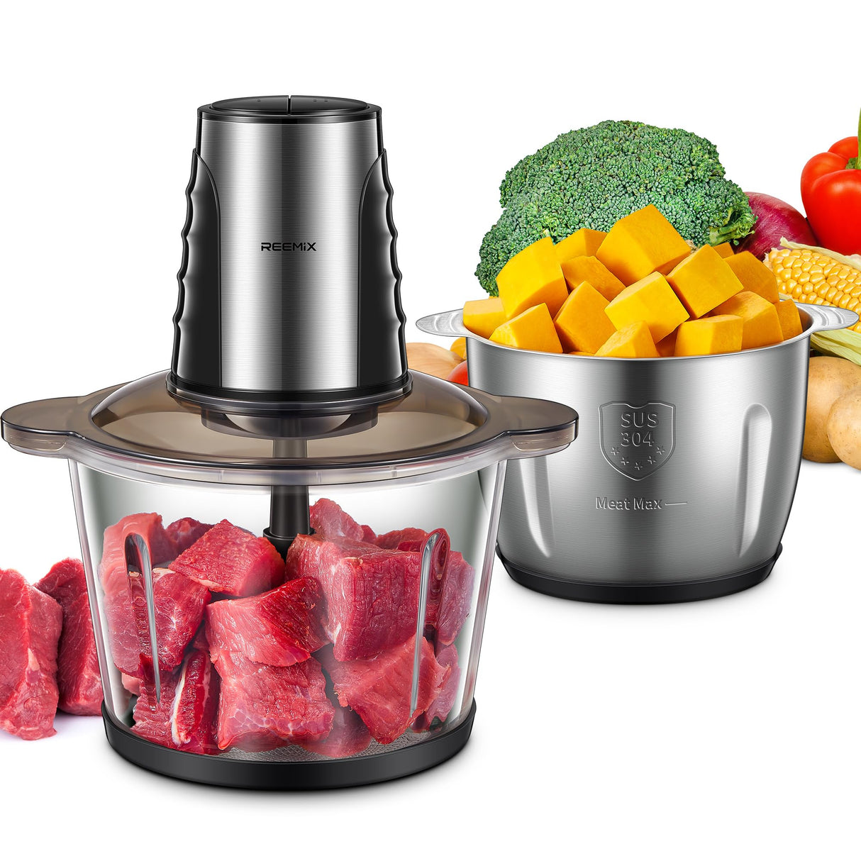 Food Processors with 2 Large Bowls(12 Cup+12 Cup), Reemix Electric Chopper with Powerful 500W Copper Motor, 4 Bi-Level Blades for Fruits, Meat, Vegetables, Baby Food, Nuts, 2 Speeds Reemix
