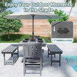 Pamapic 5 PCS Outdoor Dining Set, Spacious HDPE Outdoor Table with 2 Chairs and 2 Bench, Wood Grain Patio Furniture Sets with Elegant Armrest, All-Weather Patio Dining Table with Umbrella Hole, Gray Pamapic