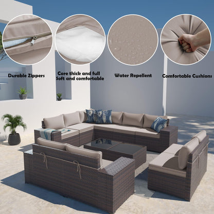 Gotland 12 Pieces Patio Furniture Set Outdoor Sectional Wicker Furniture All-Weather PE Rattan Patio Conversation Sets w/10 Replaceable Khaki Waterproof Cushions and 2 Coffee Table - WoodArtSupply