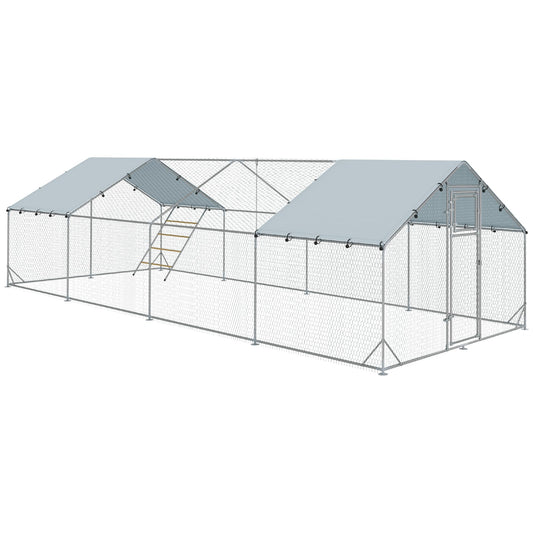 PawHut Chicken Run, Large Metal Chicken Coop w/Waterproof & Anti-UV Cover, Feeding Door, Hanging Feeder, Perch, Walk-in Poultry Cage for Outdoor, Yard, Farm, for 24-30 Chickens, 9.8' x 26.2' x 6.4'