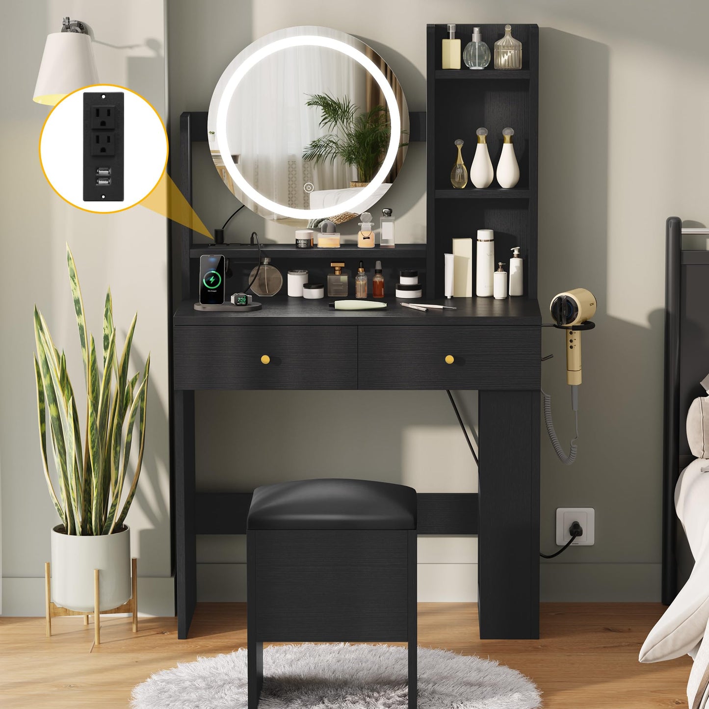 YITAHOME Makeup Vanity Desk with Mirror and Lights, Vanity Table Set with Power Outlets, Storage Drawer, Chair and 3 Shelves, Bedroom, Dark Black