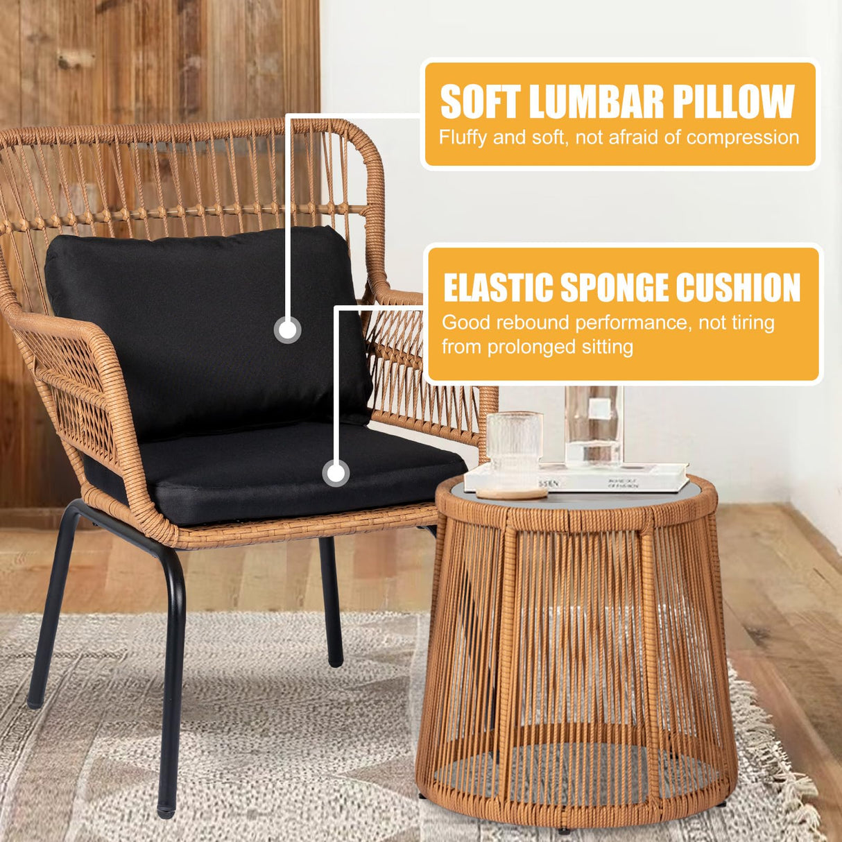 PROHIKER 3 Pieces Outdoor Wicker Bistro Patio Furniture Set, Porch Furniture Rattan Conversation Sets with Side Table and Cushions for Garden Poolside Backyard, Yellow/Black PROHIKER