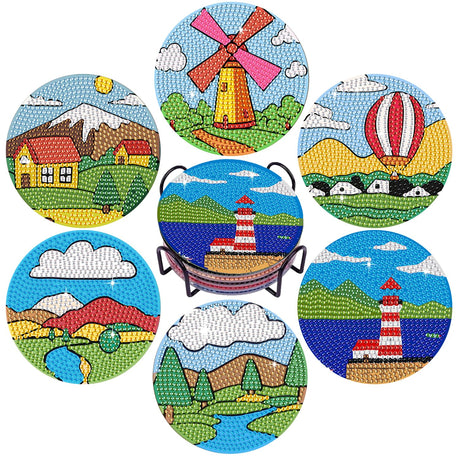 Leatrice 6PCS Diamond Art Coasters Small Diamond Painting Kits for Adults Diamond Dots Round Full Drill Diamond Coasters with Holder Easy Art Crafts for Beginners Women Cartoon Leatrice