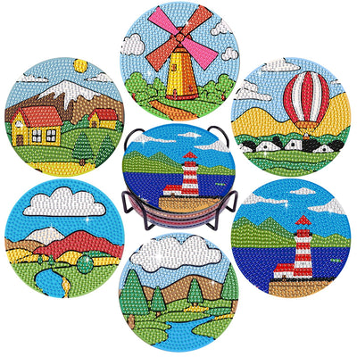 Leatrice 6PCS Diamond Art Coasters Small Diamond Painting Kits for Adults Diamond Dots Round Full Drill Diamond Coasters with Holder Easy Art Crafts for Beginners Women Cartoon