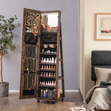 Byroce 360° Rotating Jewelry Armoire with Wheels, Lockable Jewelry Organizer W/ 3-Color LED Lights, Adjustable Shelves & Rear Storage, 64’’H Full Length Mirror Jewelry Cabinet Standing (Rustic Brown) Byroce