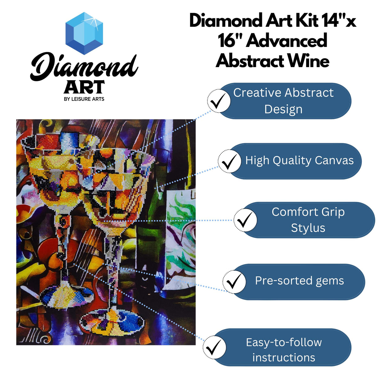 DIAMOND ART BY LEISURE ARTS Diamond Painting Kits for Adults 14"X16" Advanced Abstract Wine, Full Drill, Art Kits, Dimond Art, for Adults, Kit DIAMOND ART BY LEISURE ARTS