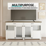 Dog Crate Furniture - Indoor Wood Dog Kennel Furniture 4 Doors with Divider and 2 Drawers - 72" L x 23.6" W x 34.8" H, White Faceket