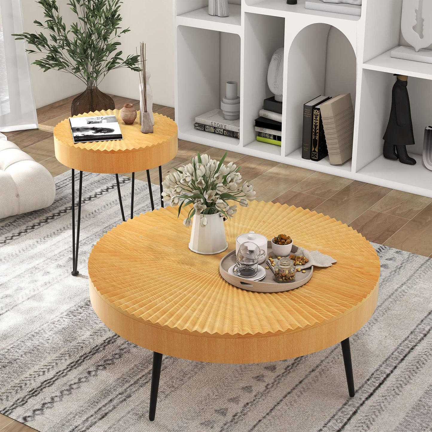 GOFLAME Round Coffee Table Set of 2, Modern Farmhouse End Tables with Natural Finish, Aesthetic Line Design, Solid Wood Nesting Side Tables for Living Room, Bedroom, Easy Assembly