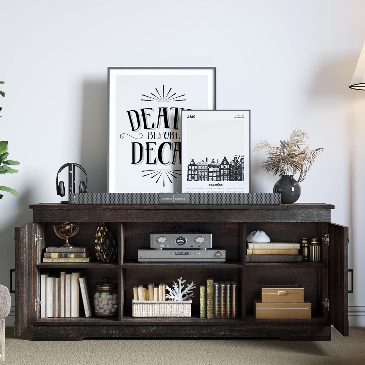 YITAHOME Buffet Cabinet, 59.5" Farmhouse Sideboard Buffet Storage Cabinet with Barn Door Coffee Bar Cabinet with Capacity 300 lbs for Home Dinning Living Room,Dark Rustic Oak, 26“ Height YITAHOME