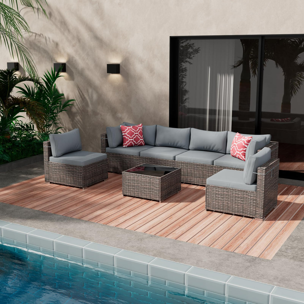 Tradare 7 Pieces Outdoor Patio Furniture Set, Wicker Patio Conversation Sectional Couch Set, All Weather PE Rattan Sofa with Glass Table and Grey Cushions Tradare
