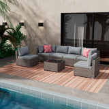 Tradare 7 Pieces Outdoor Patio Furniture Set, Wicker Patio Conversation Sectional Couch Set, All Weather PE Rattan Sofa with Glass Table and Grey Cushions Tradare