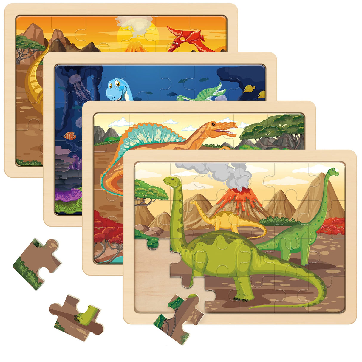SYNARRY Large Dinosaur Wooden Puzzles for Kids 4 in 1 Gift Box(12.2 * 9.4 in) - FSC Certified, Jigsaw Puzzles for Kids Ages 4-6, Dinosaur Toys Gifts for 3 4 5 Year Old Boys Girls SYNARRY